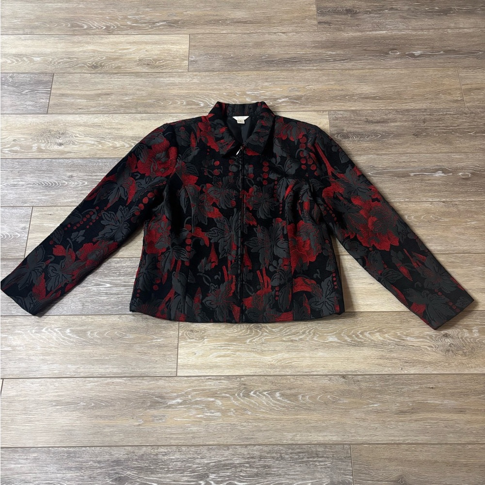 Christopher & Banks Jacket Sz L Black Red Floral Damask Zip Office Event Classic